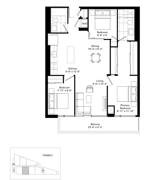 Floor plan for 3 beds, 2 baths, 910 sqft